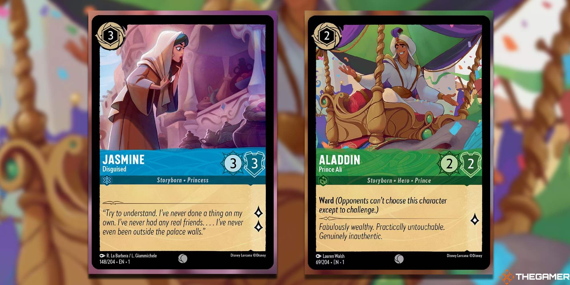 Disney Lorcana Jasmine and Aladdin cards side by side