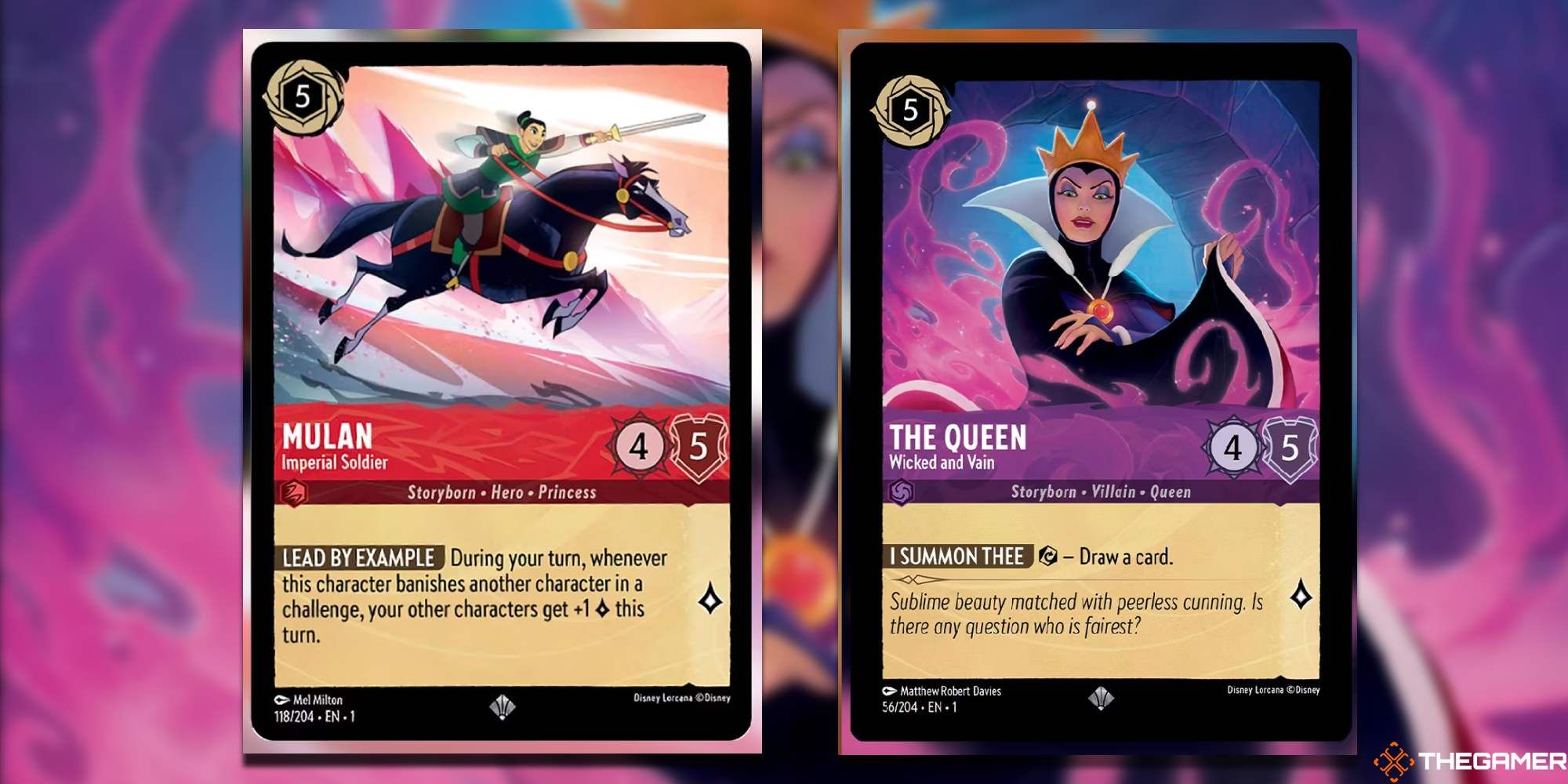 Mulan and the Queen Disney Lorcana cards side by side