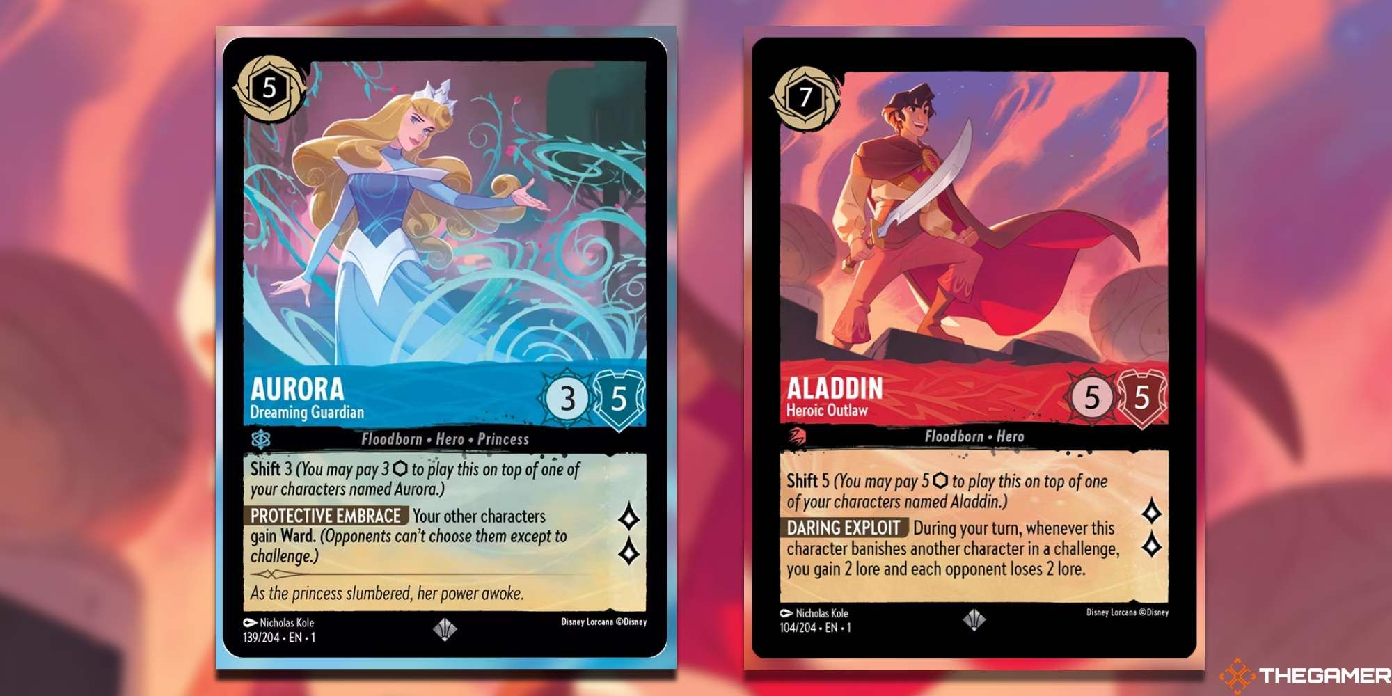 Disney Lorcana Ruby Sapphire Aurora and Aladdin side by side
