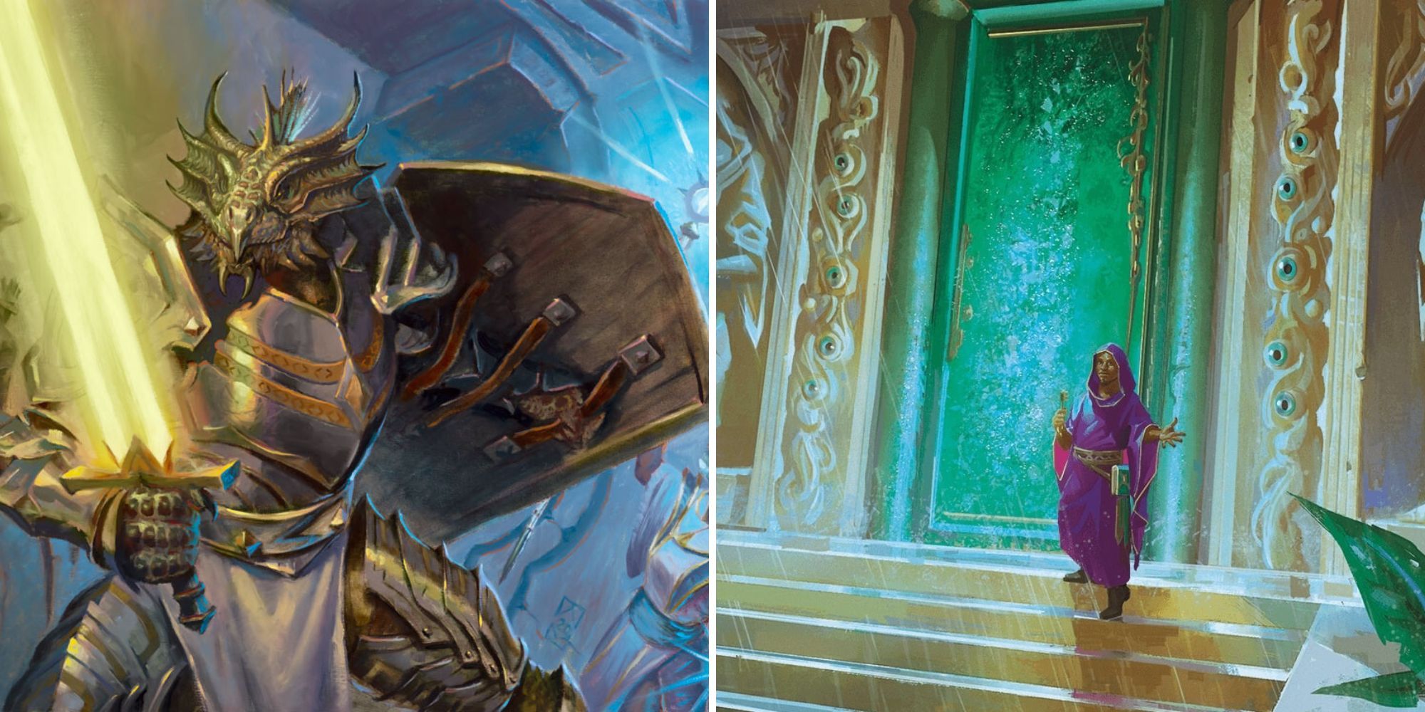 Dragonborn paladin with sun sword against priest in purple robes before emerald door