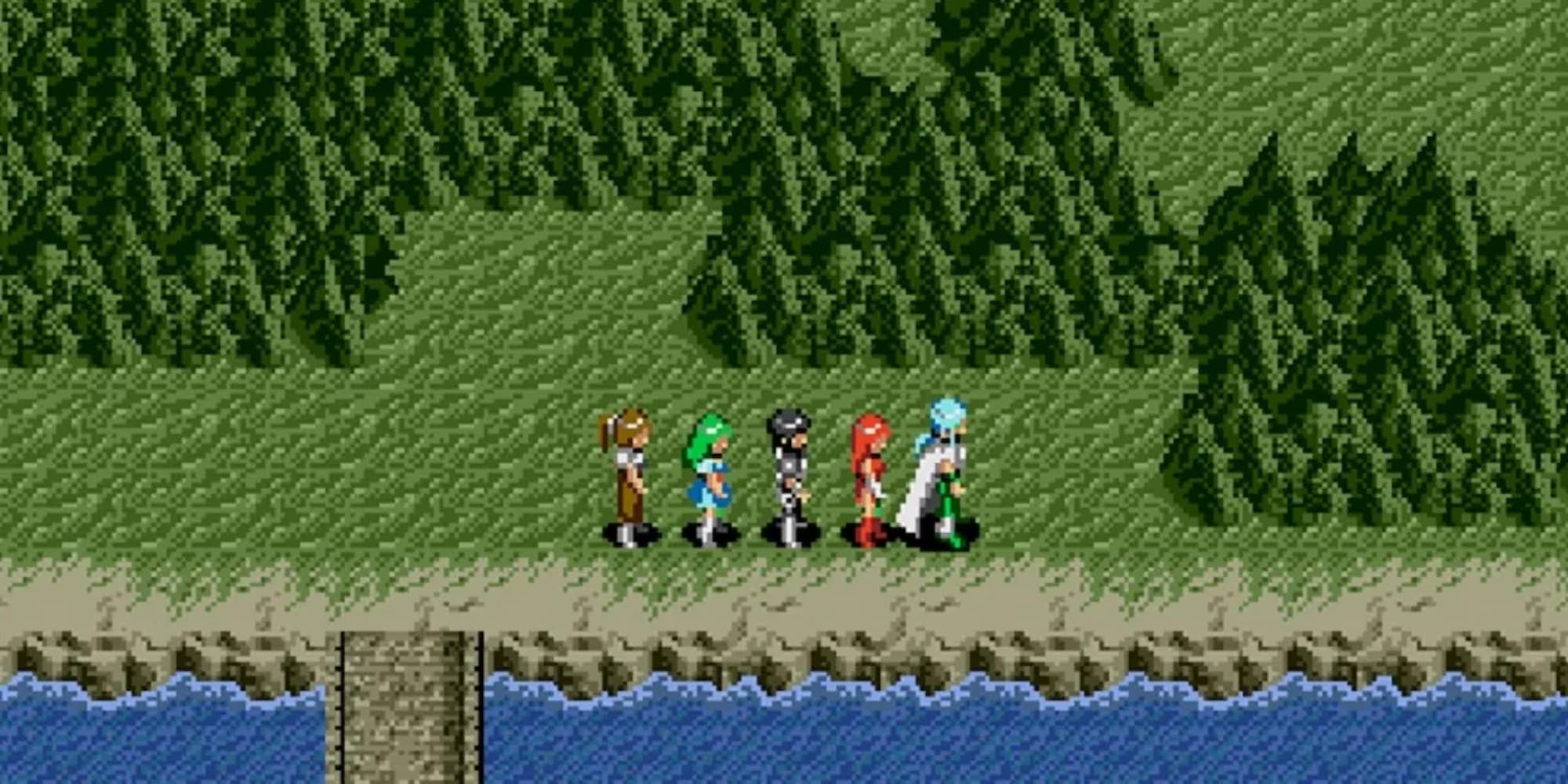 The party of five in Phantasy Star 3 travels along the coastline.