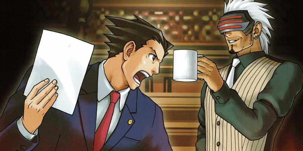 Phoenix Wright and Godot debating in the courtroom