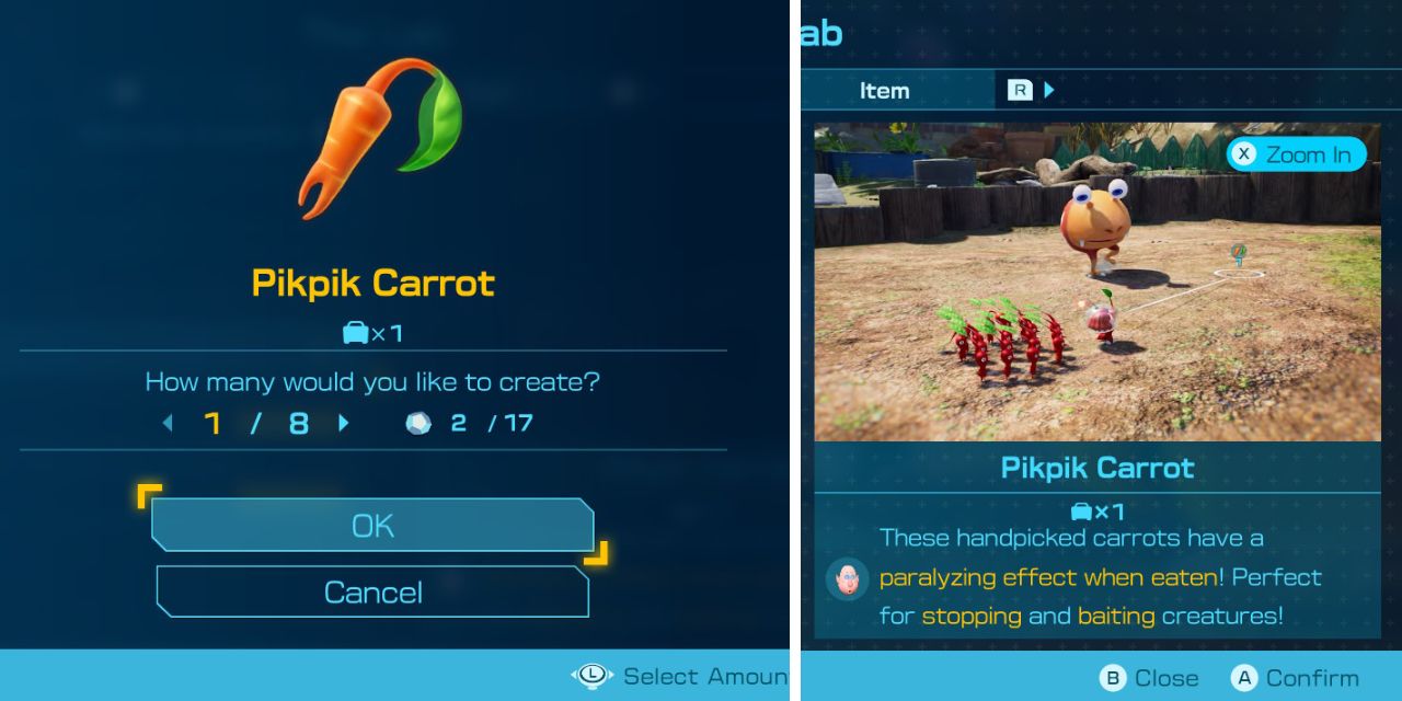 Pikpik carrots in the menu in Pikmin 4
