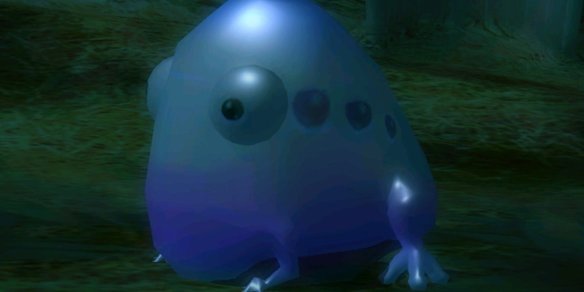 A pink variant of the Wollywog standing in the dark night