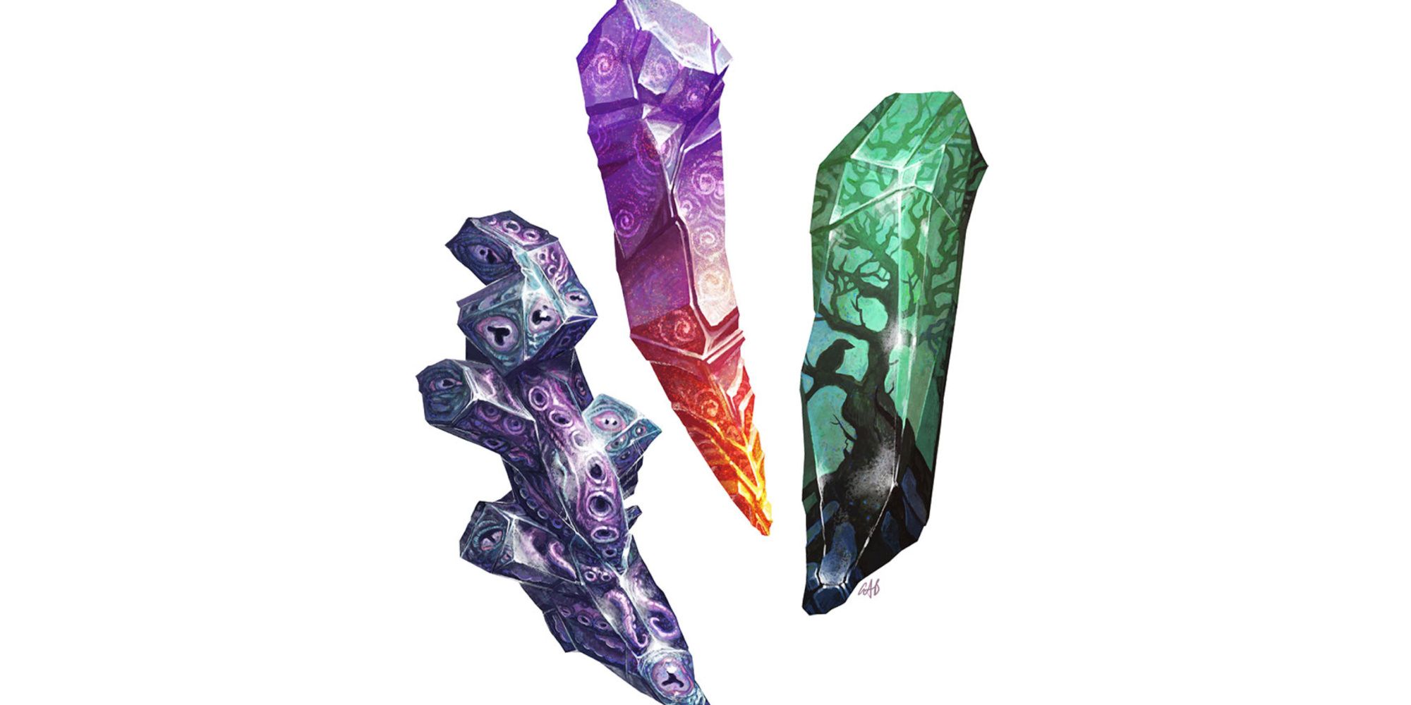 planar shards featuring the shadowfell shard, feywild shard, and far realms shard, drawn by christopher burdett for tasha's cauldron of everything