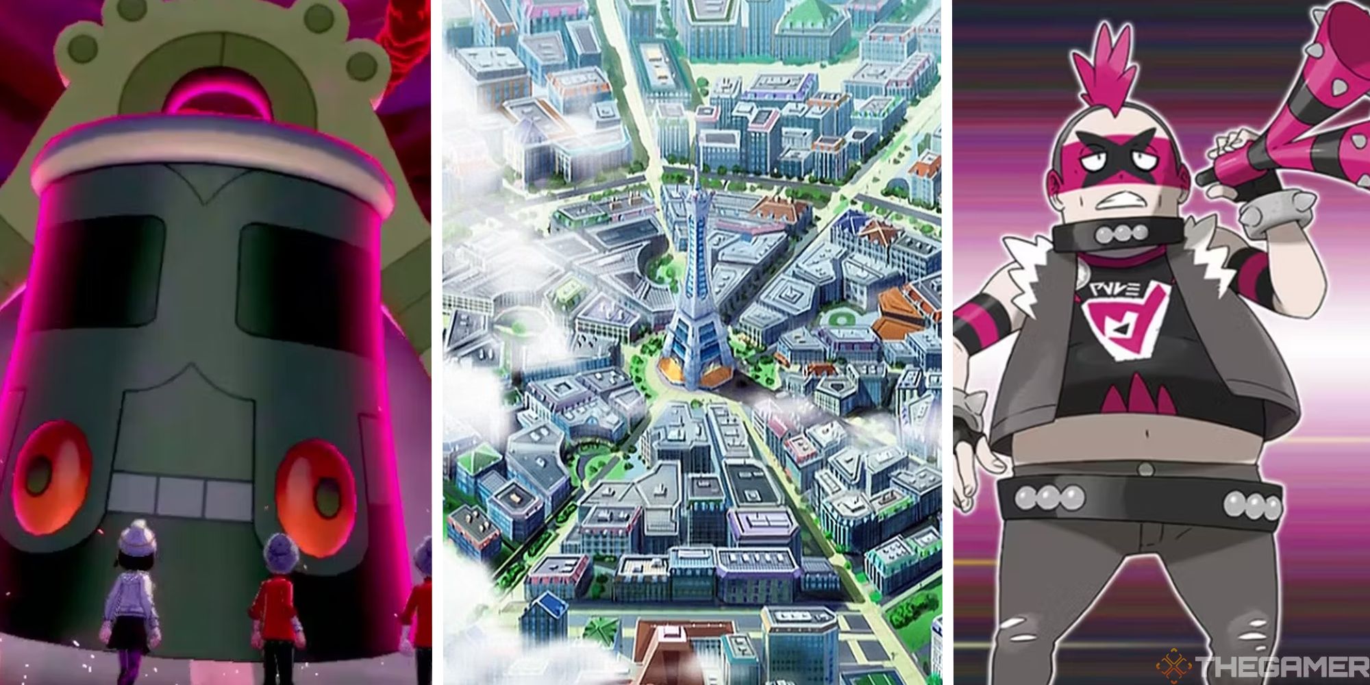 split image showing Bronzong, lumiose city, and a team yell member 
