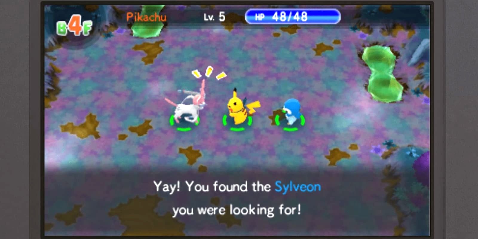 Pokemon Super Mystery Dungeon Gameplay with Piplup, Pikachu, and Sylveon. The subtitles read: "Yay! You found the Sylveon you were looking for!"