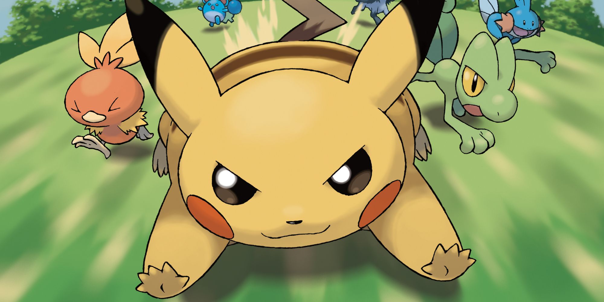 Splash Art of Pokemon Dash, showing Pikachu, Torchic, Marril, Mightyena, Treecko, and Mudkip running.