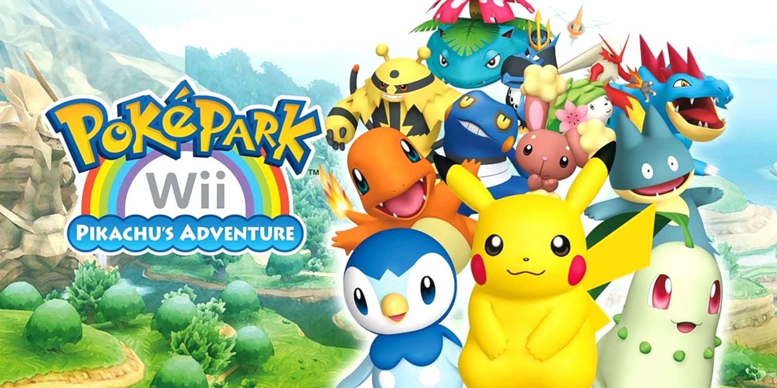 PokePark Pikachu's Adventure Key Art With Pokemon, Piplup, Chikorita, Charmander, and a handful of other Pokemon