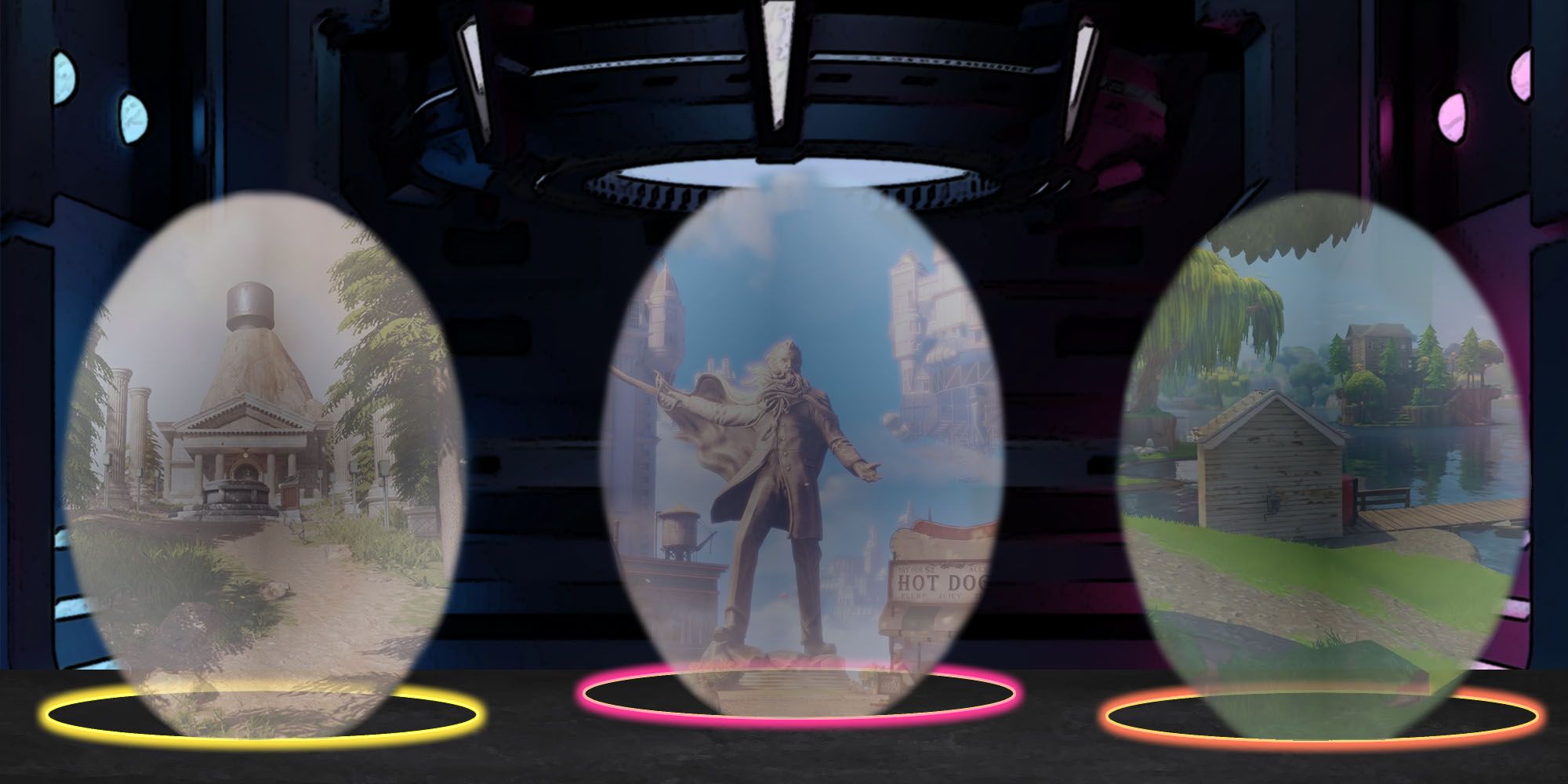 A room with portals featuring the environments from the game Myst, Bioshock Infinite and Fortnite.