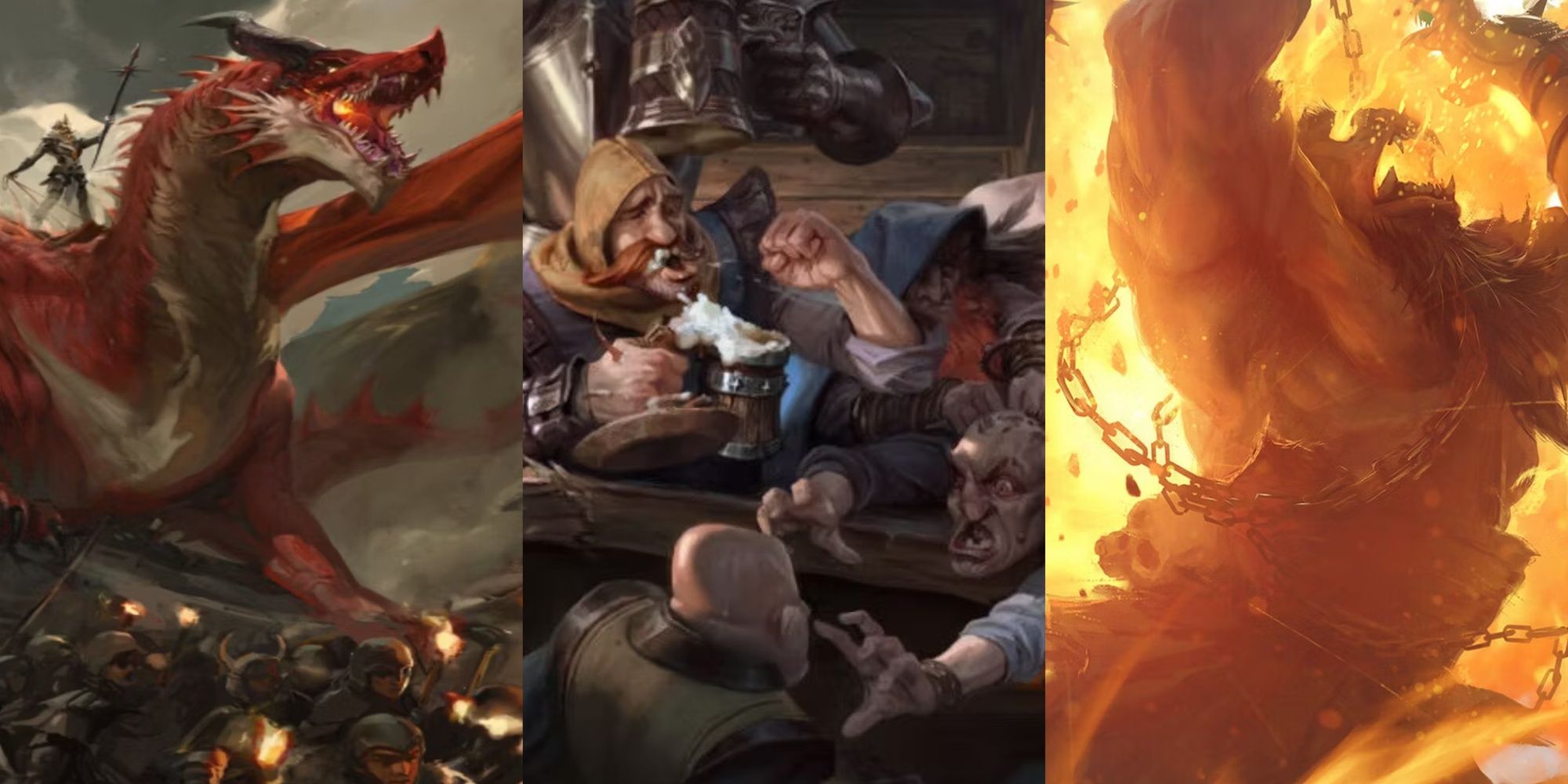a montage with a soldier mounting a dragon in a war, people in a tavern, and an Orc being hit with a fireball, from Dungeons & Dragons