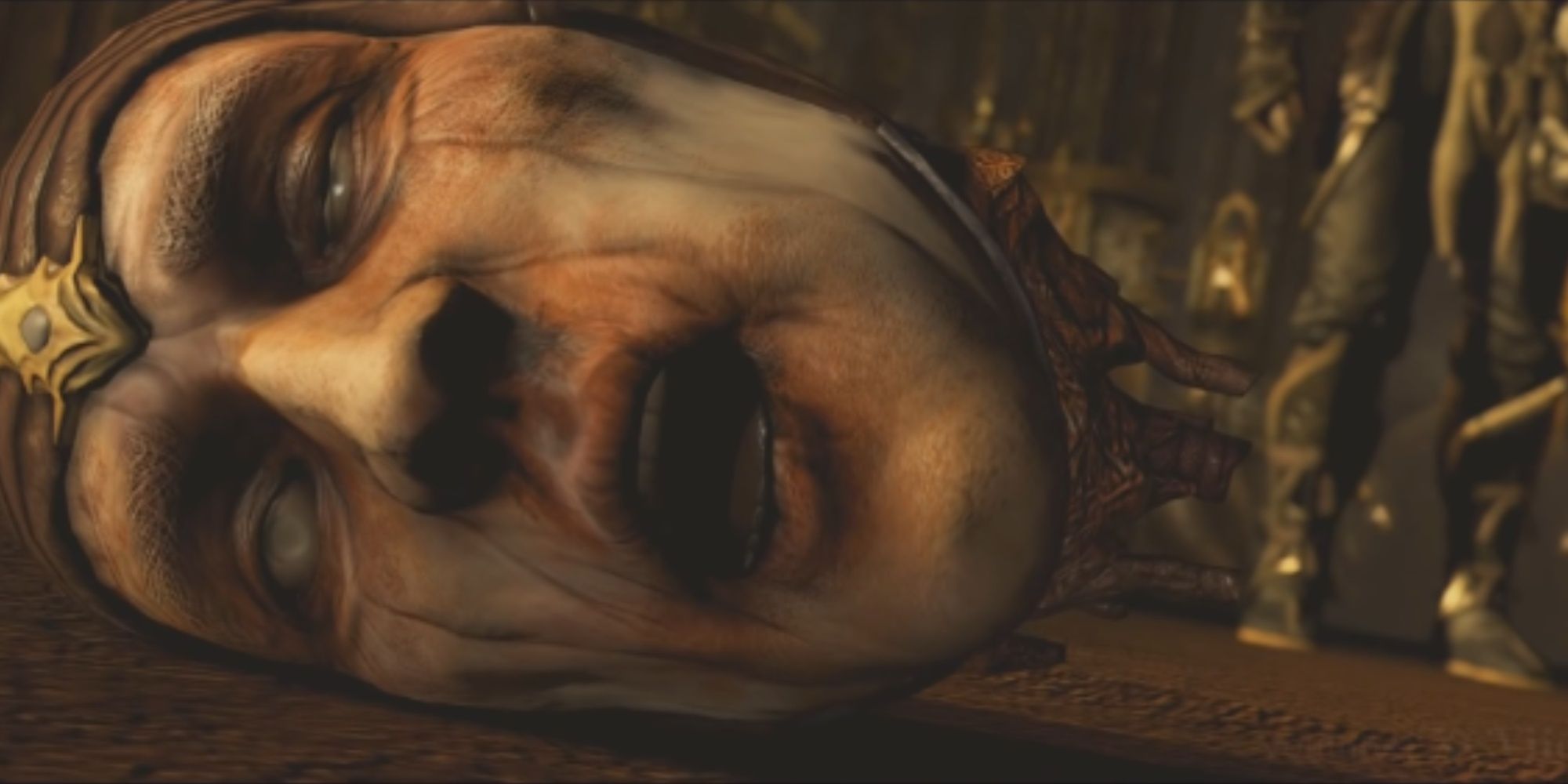 Raiden Throws Shinnok's Head On The Floor After Threatening The New Rulers Of The Netherrealm