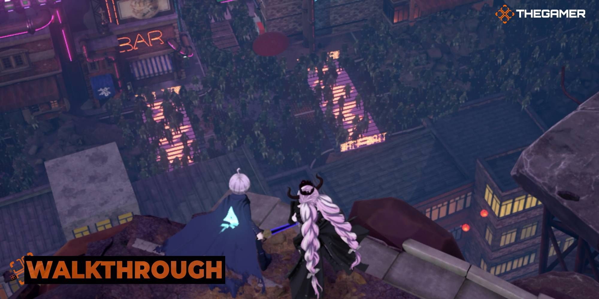 Yuma and Shinigami leaning over the edge of a building's roof, viewing a crowd in Kanai Ward