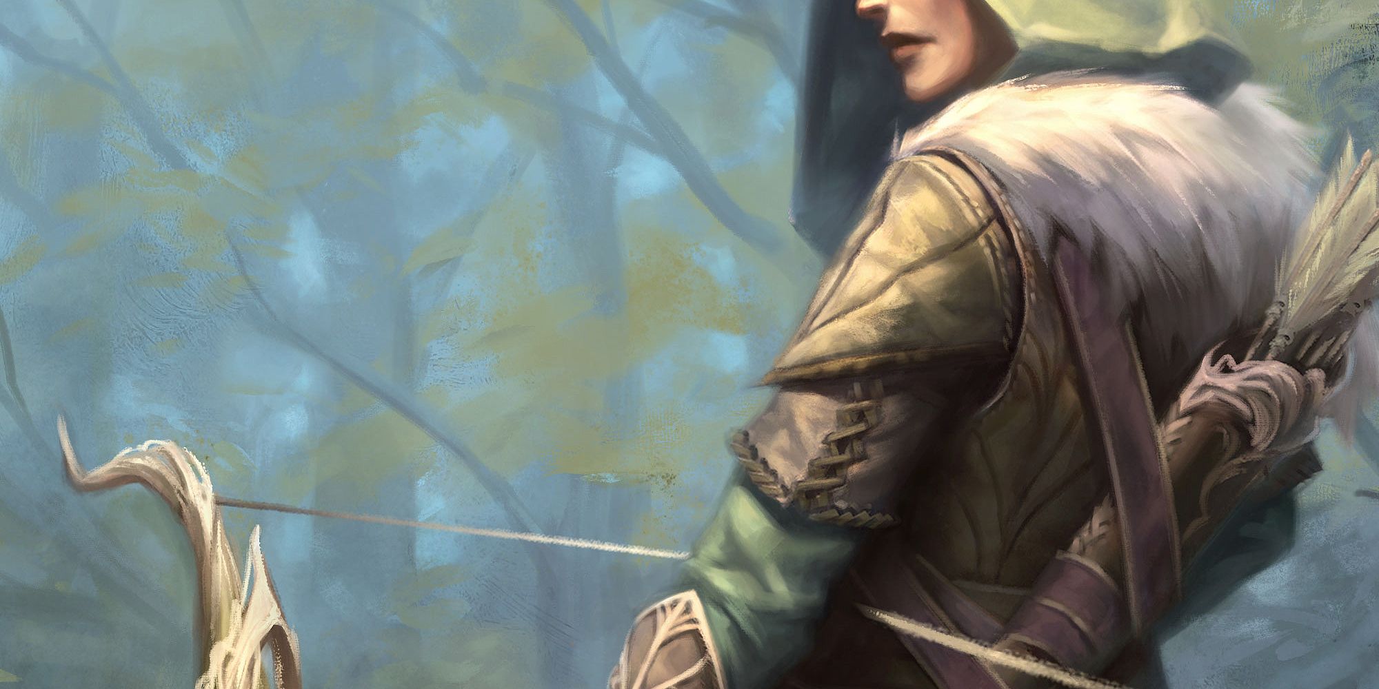 A hooded woman holds a longbow in a forested environment