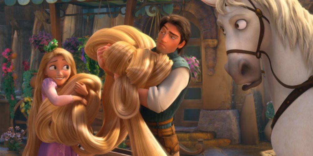 Rapunzel and Flynn carrying the former's extremely long hair