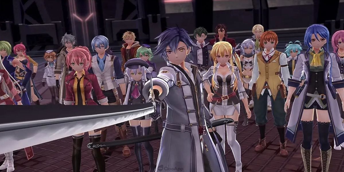 Rean draws his blade in front of a great crowd of allies and friends in Trails into Reverie