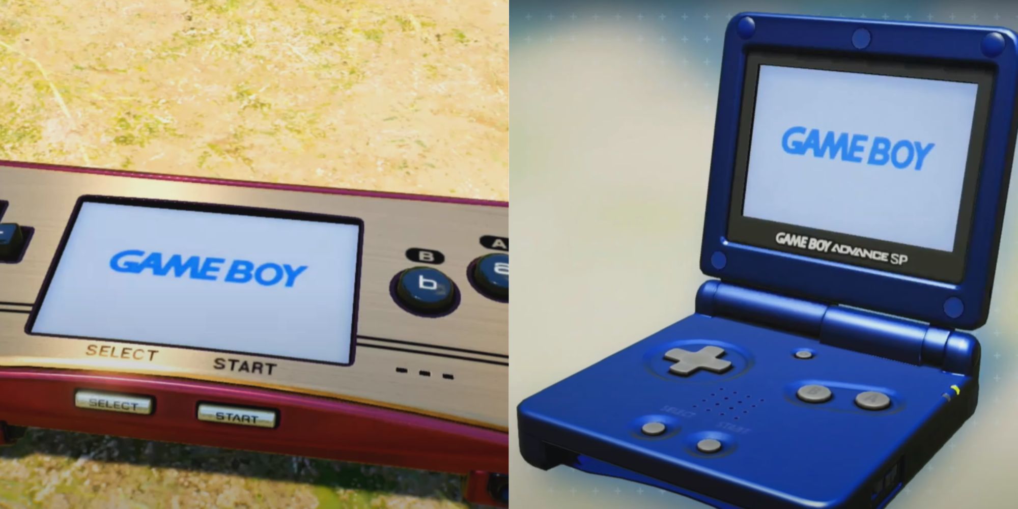 A split image of two different Game Boy variants, one silver and red, the other dark blue.