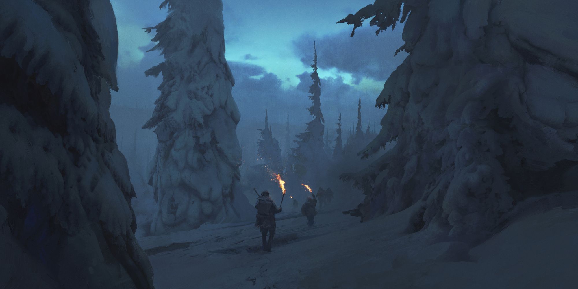 rime of the frostmaiden adventureres wandering through a frozen forest with torches by Jedd Chevrier