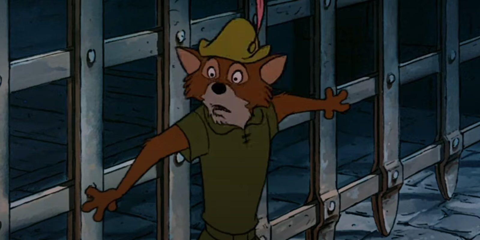 Disney's Robin Hood against an iron gate