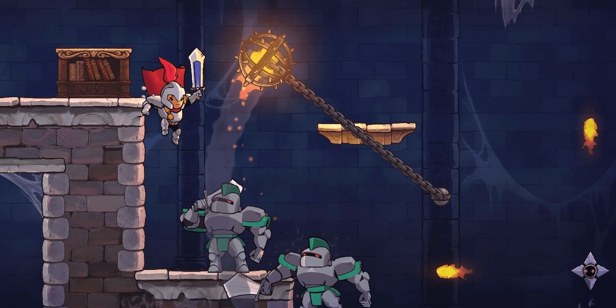 The hero drops down to attack two knights in Rogue Legacy 2.