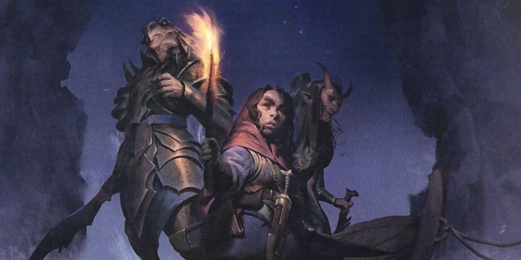 a halfling, dragonborn, and tiefling prepare to enter cave