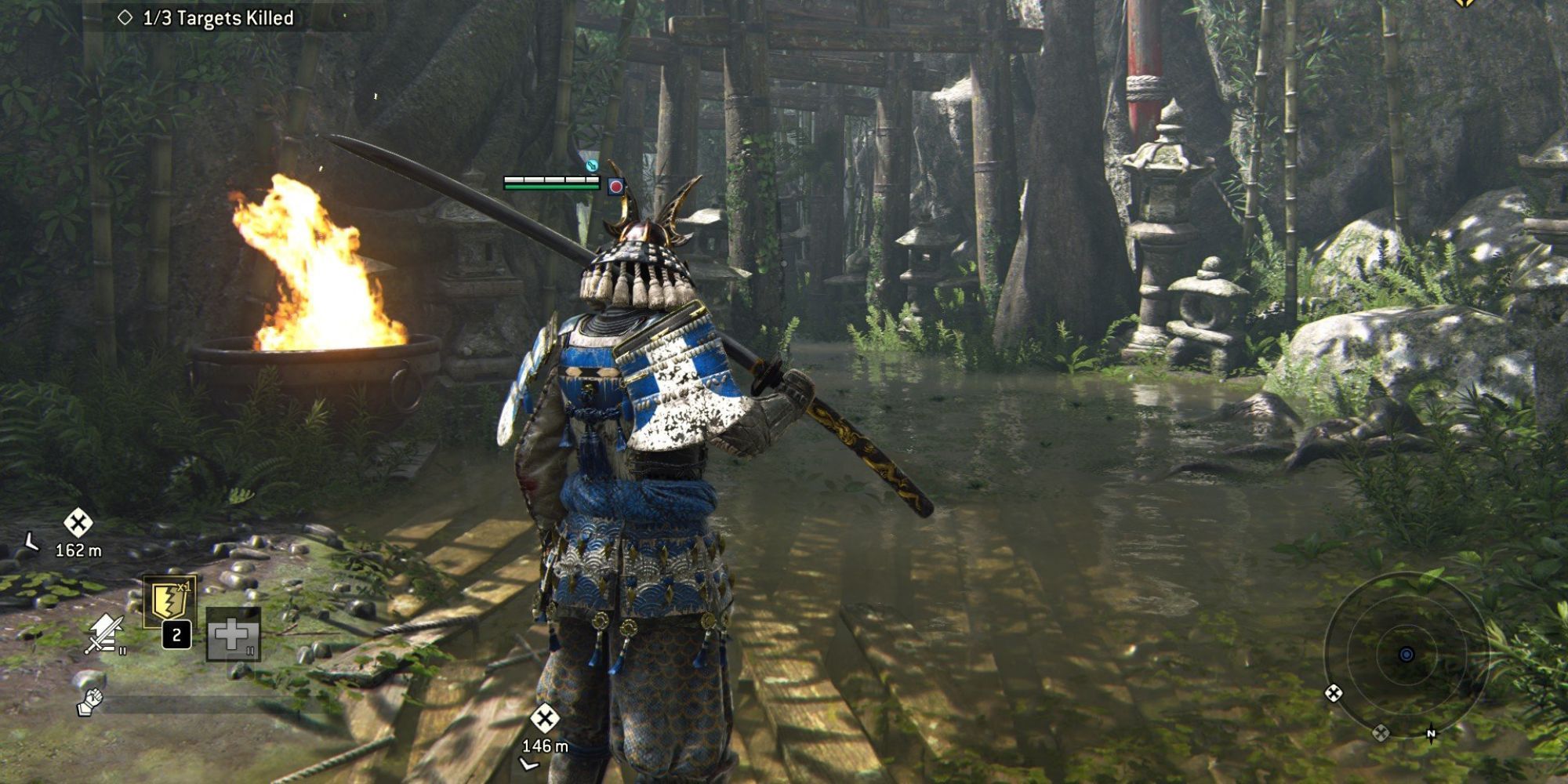 The back of a Samurai wielding a Katana on the background of medieval Japanese wooden gates