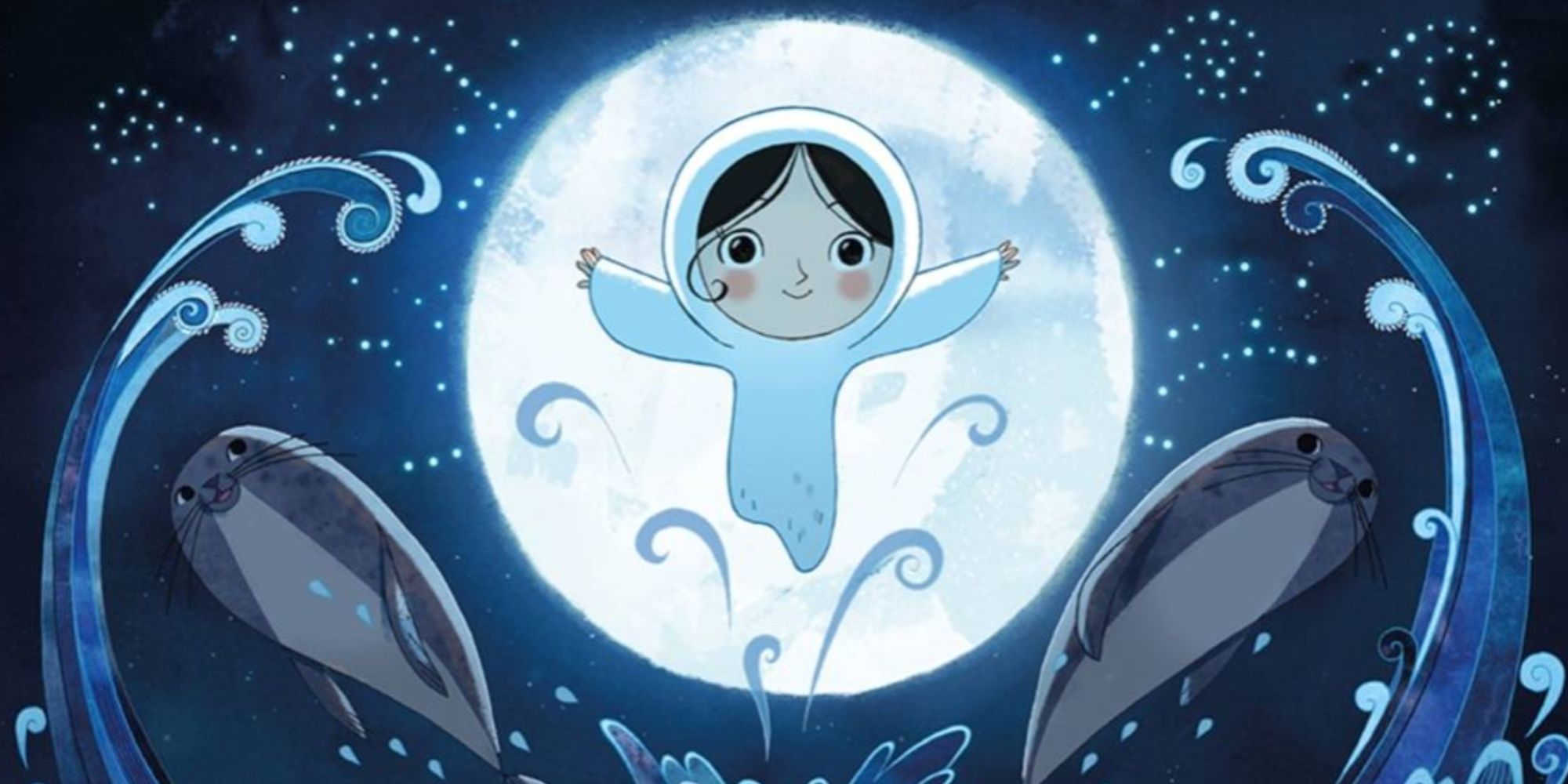 Saoirse and two seals in front of the full moon in Song of the Sea