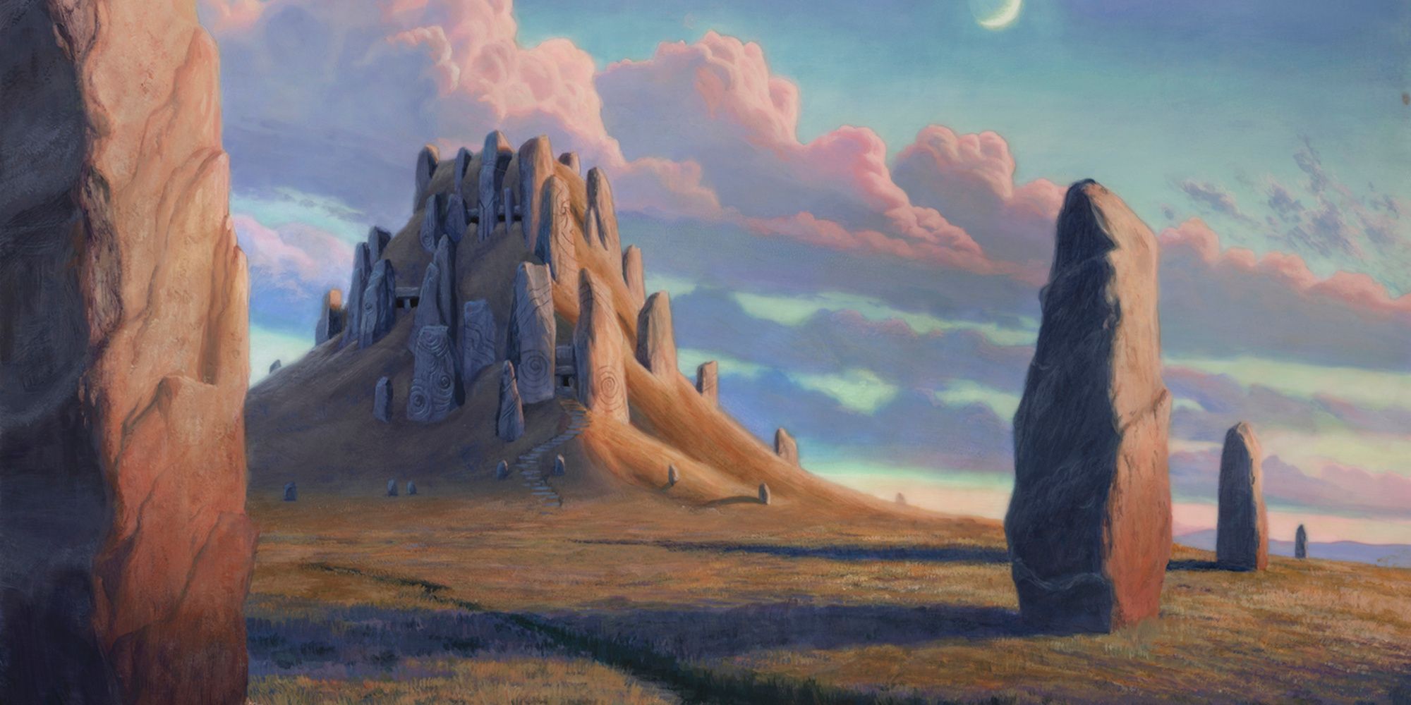 Sarah Finnigan, Plains Adventure, Wizards of the Coast, a flat plane with large rocks sticking up leading to a mountain with small alcoves and more large rocks