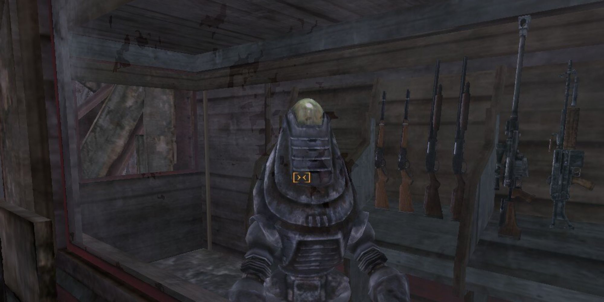 A robotic merchant with a wall of firearms behind them.