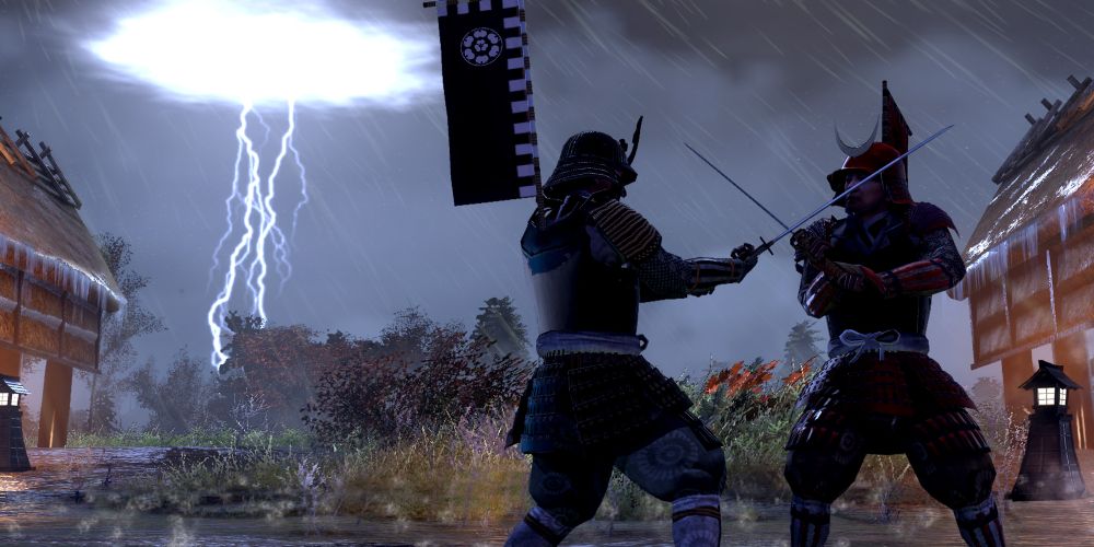 a pair of armored samurai cross swords during a lightning storm in total war: shogun 2