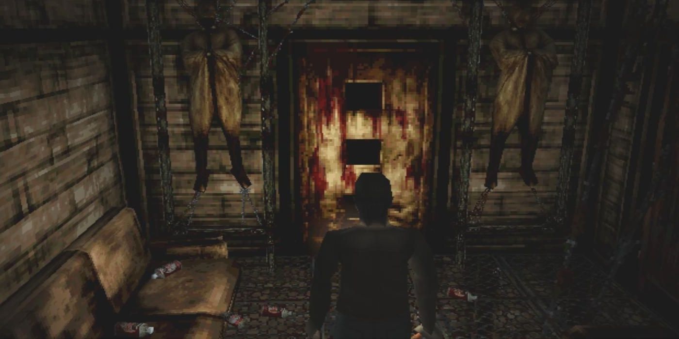 The protagonist standing in front of a bleeding door in Silent Hill 1.