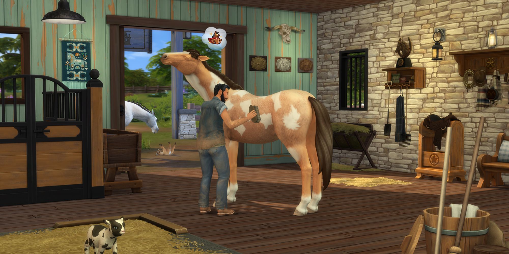 Sims 4 Horse Ranch Official Image horse being groomed in a stable