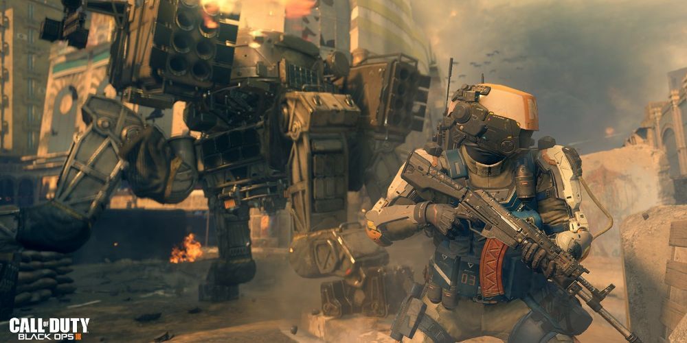 Soldier and mech in a firefight