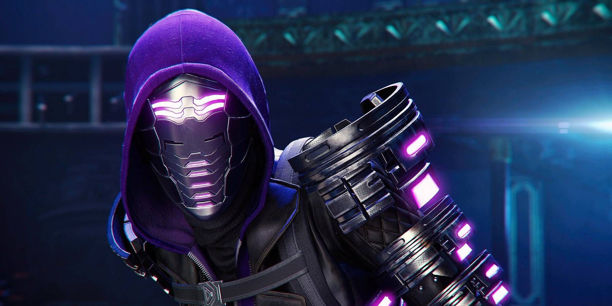 A figure in a purple mechanical suit and hood staring at the camera