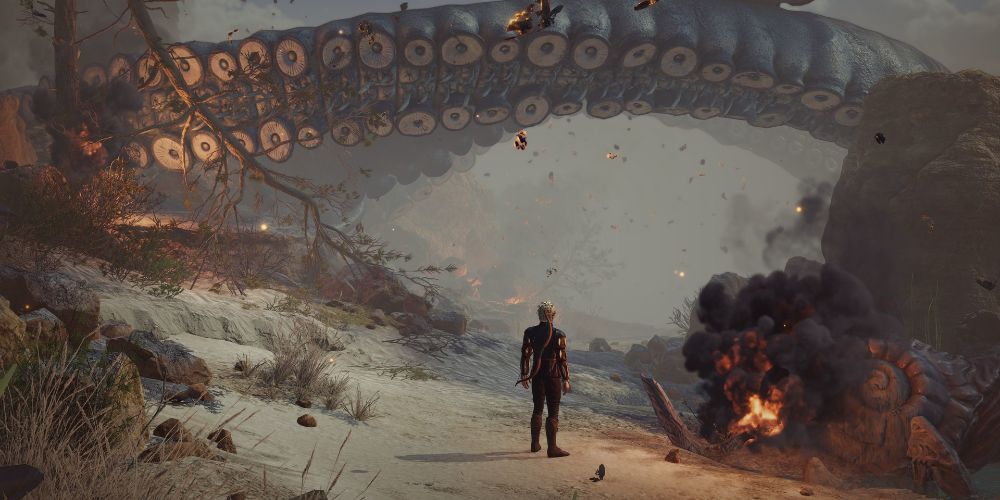 Standing in front of a giant tentacled monster