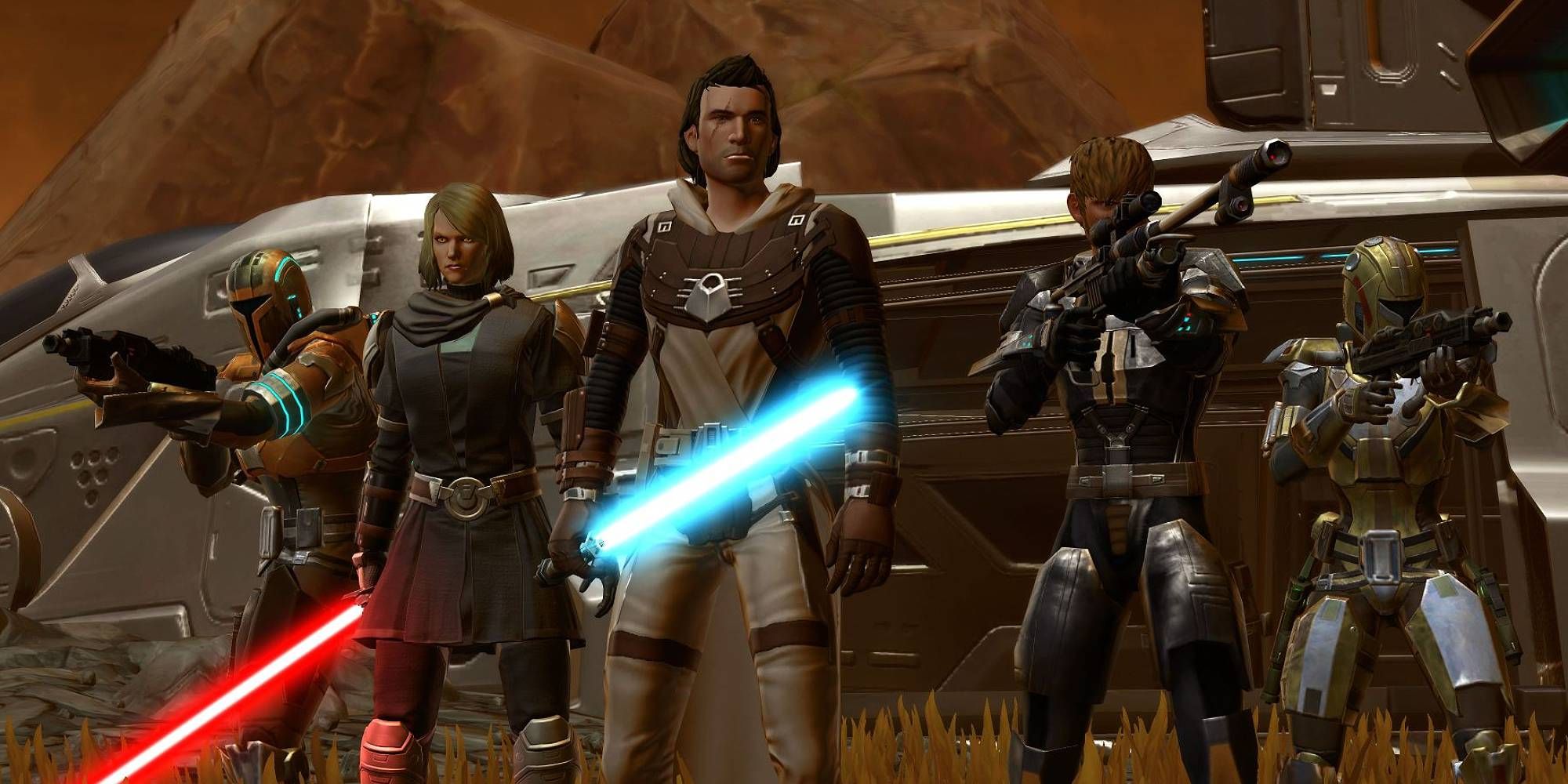 Two figures holding lightsabers with mercenaries 