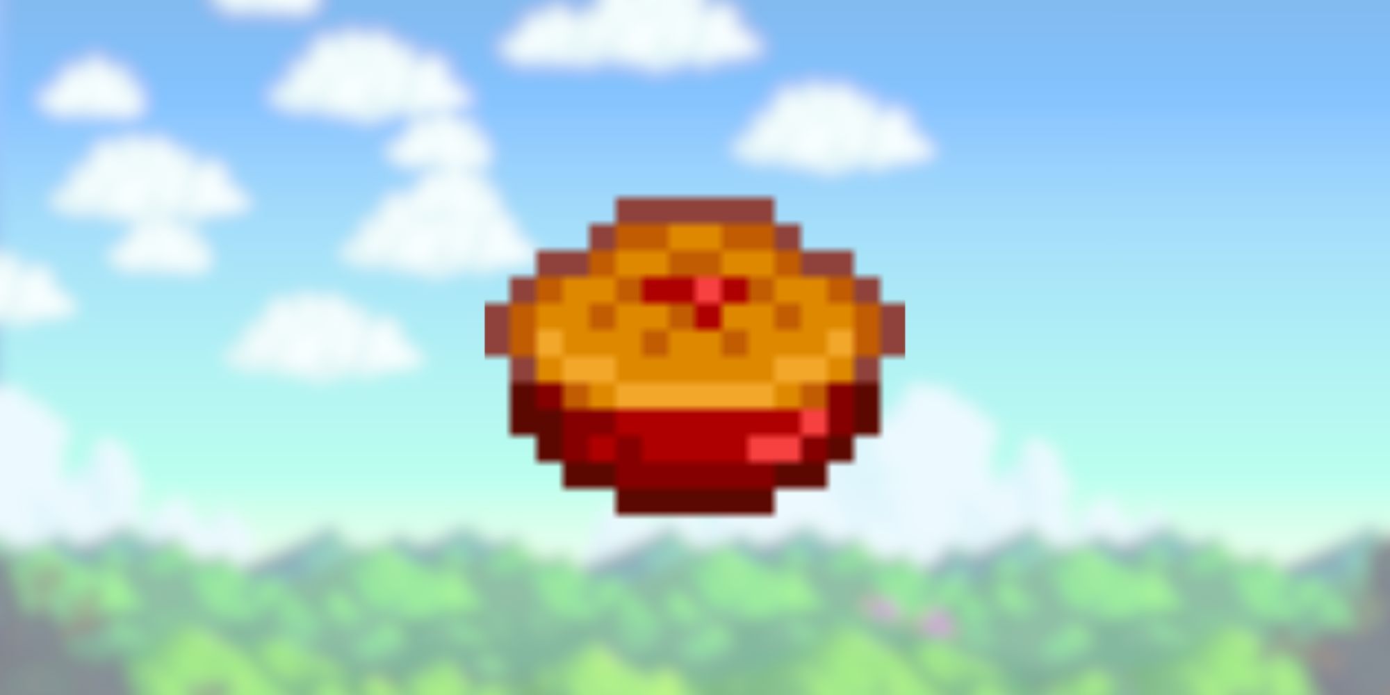stardew valley rhubarb pie with a blurred landscape