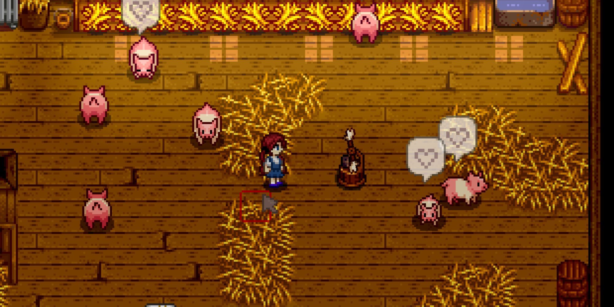 stardew valley villager near auto-petter in a pig barn.