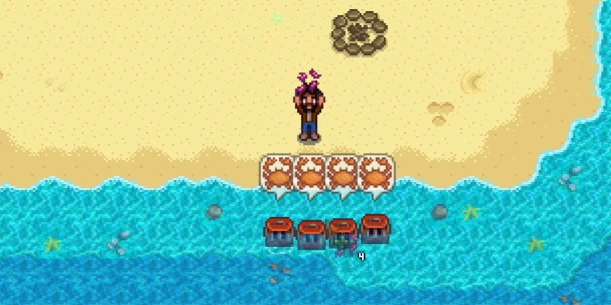 Farmer in front of crab pots in Stardew Valley.