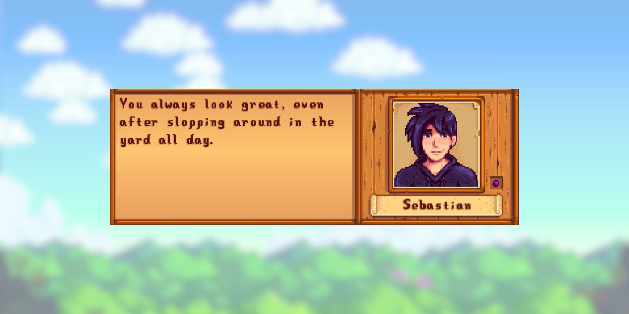 stardew valley sebastian quote that reads: "You always look great, even after slopping around in the yard all day."