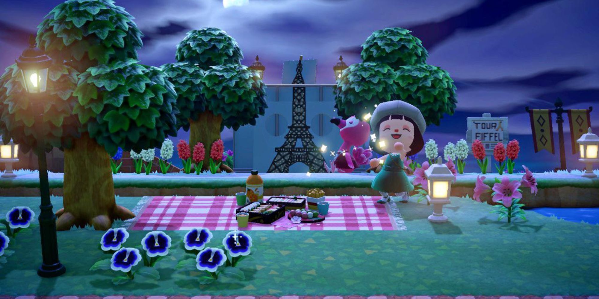 animal crossing villager at a picnic with an eiffel tower image in the back
