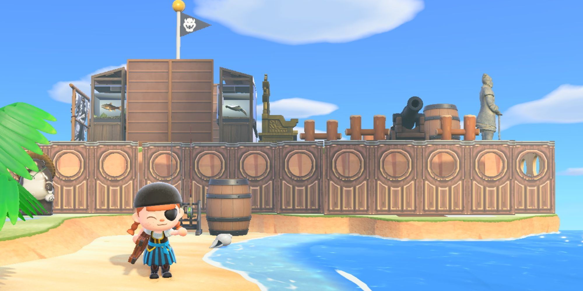 animal crossing character with self-made pirate ship on the beach