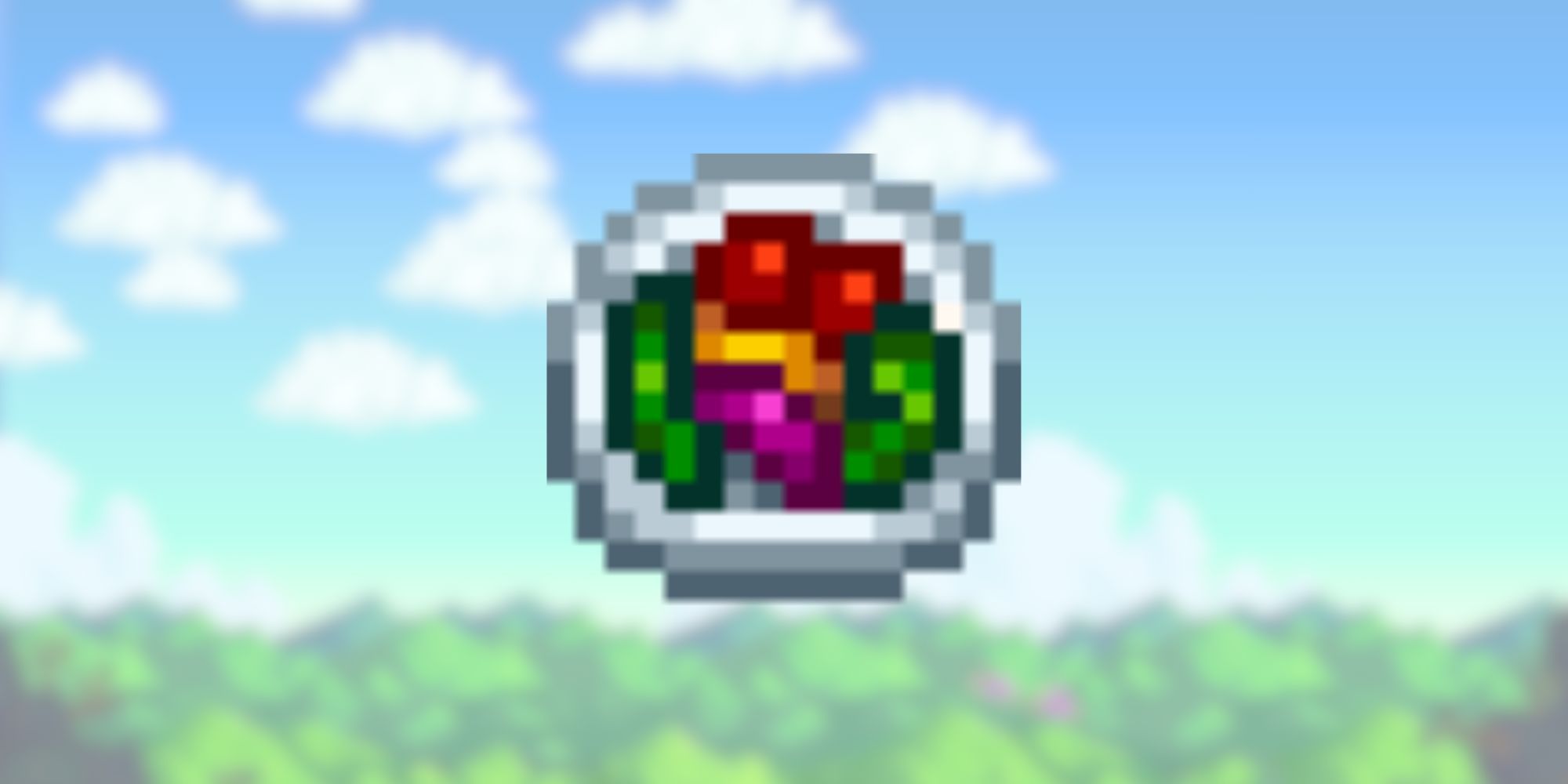 super meal in front of blurred Stardew Valley landscape