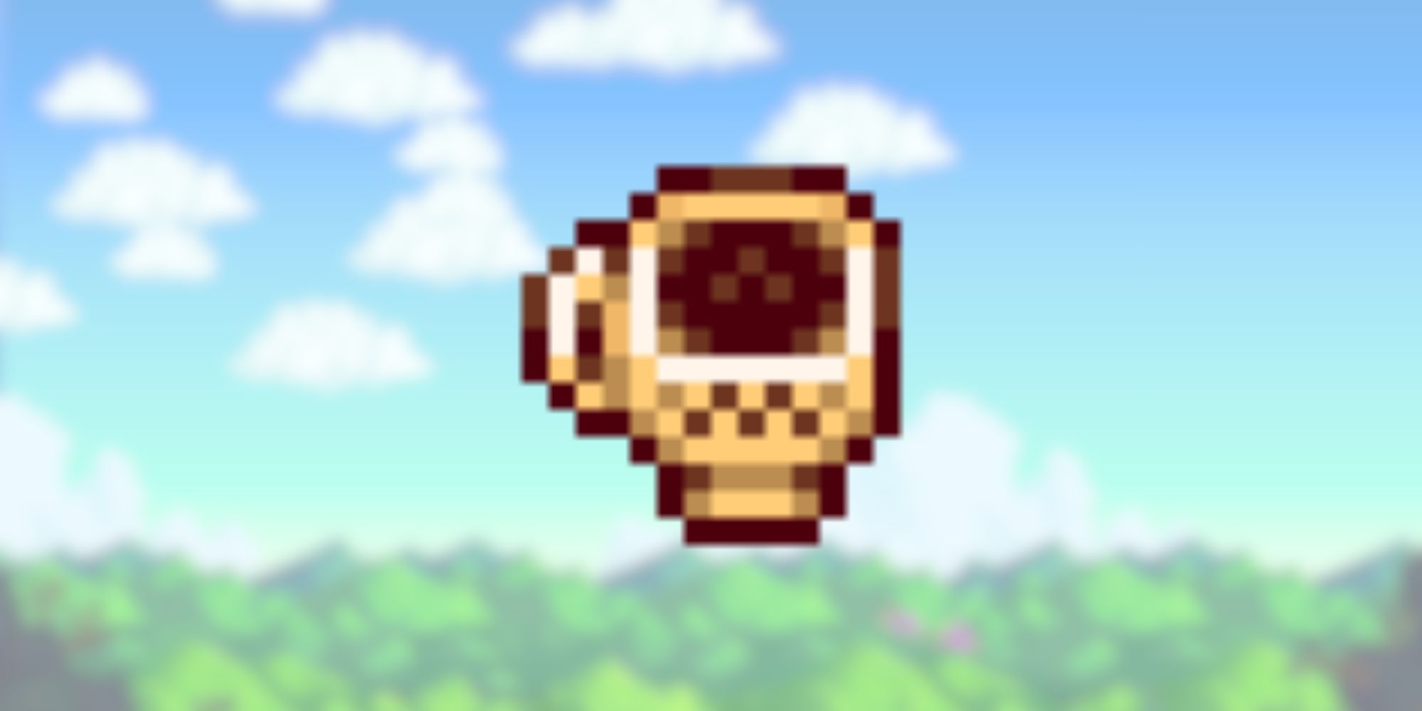 triple shot espresso in front of blurred Stardew Valley landscape