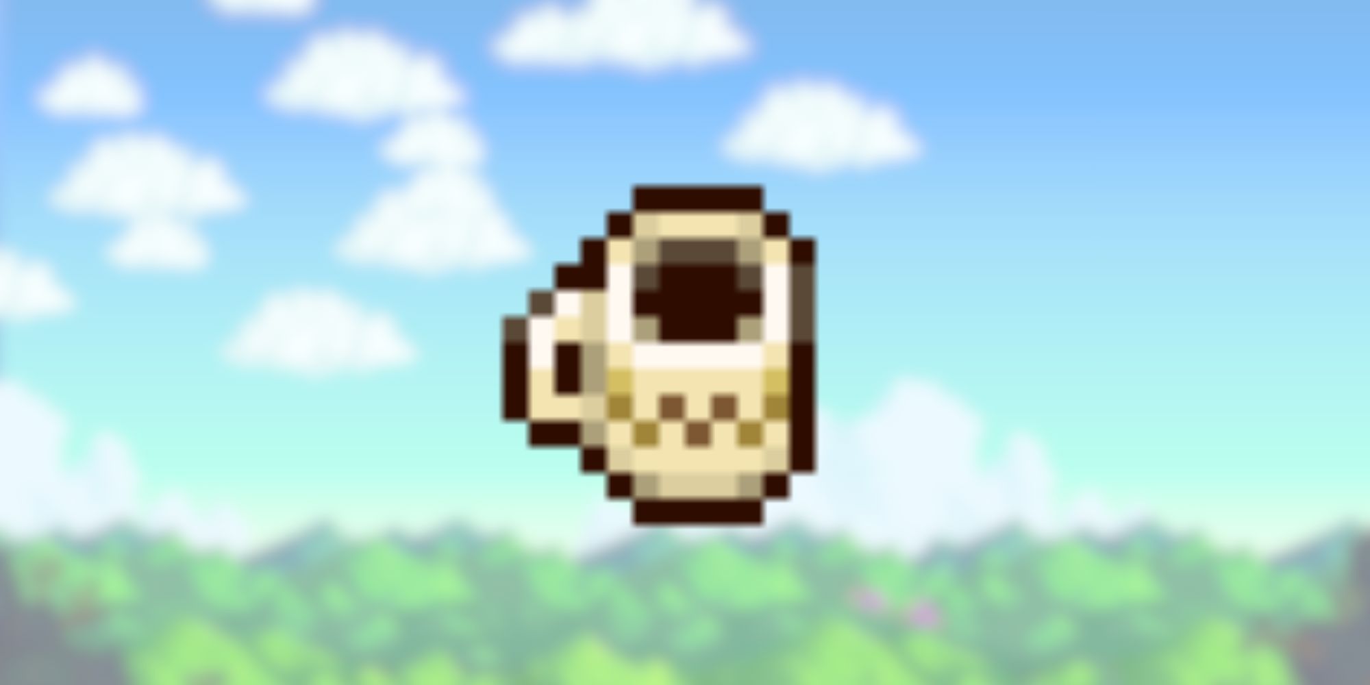  coffee in front of blurred Stardew Valley landscape