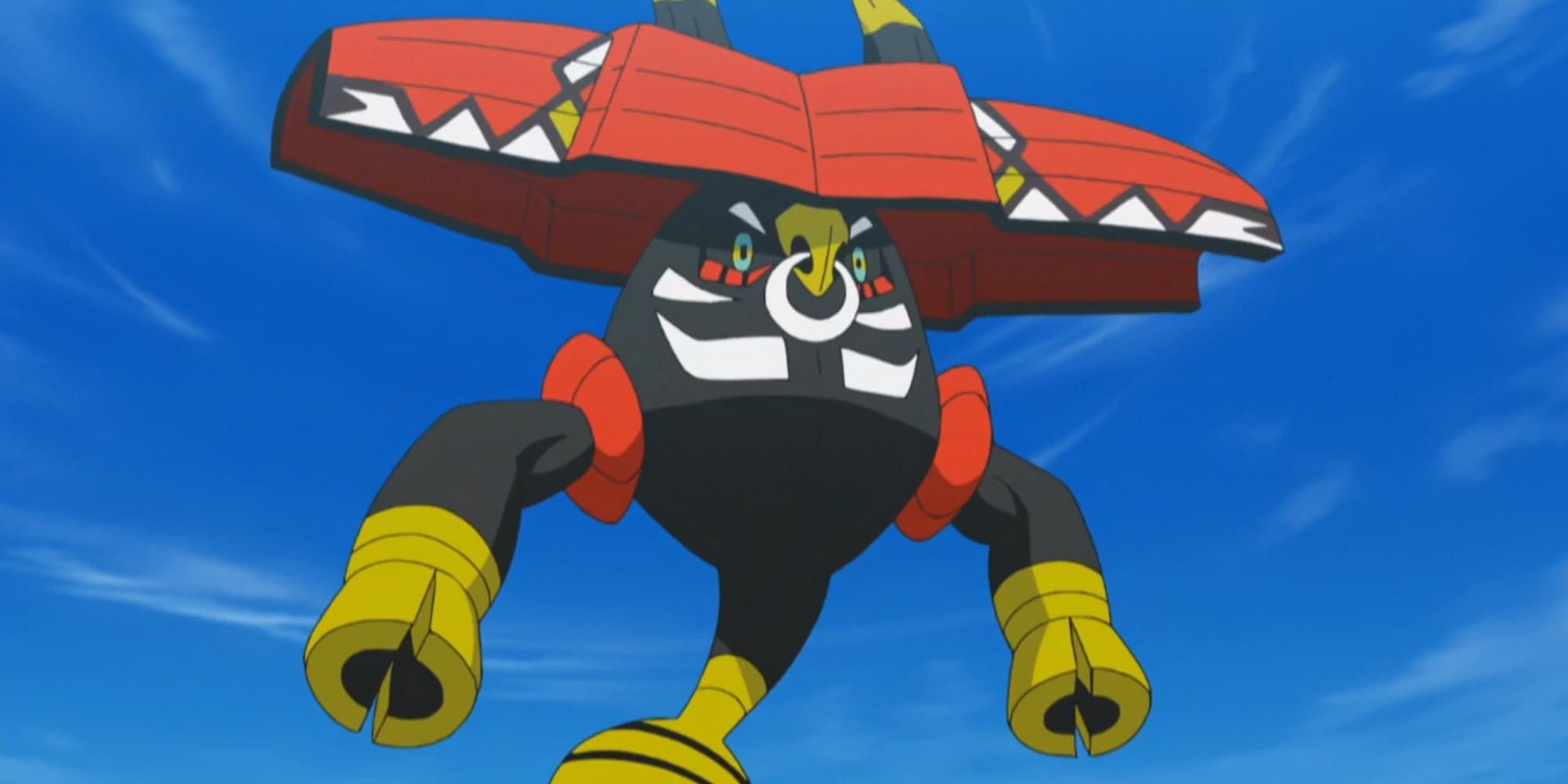 Tapu Bulu floats in the air in an intimidating pose in Pokemon.