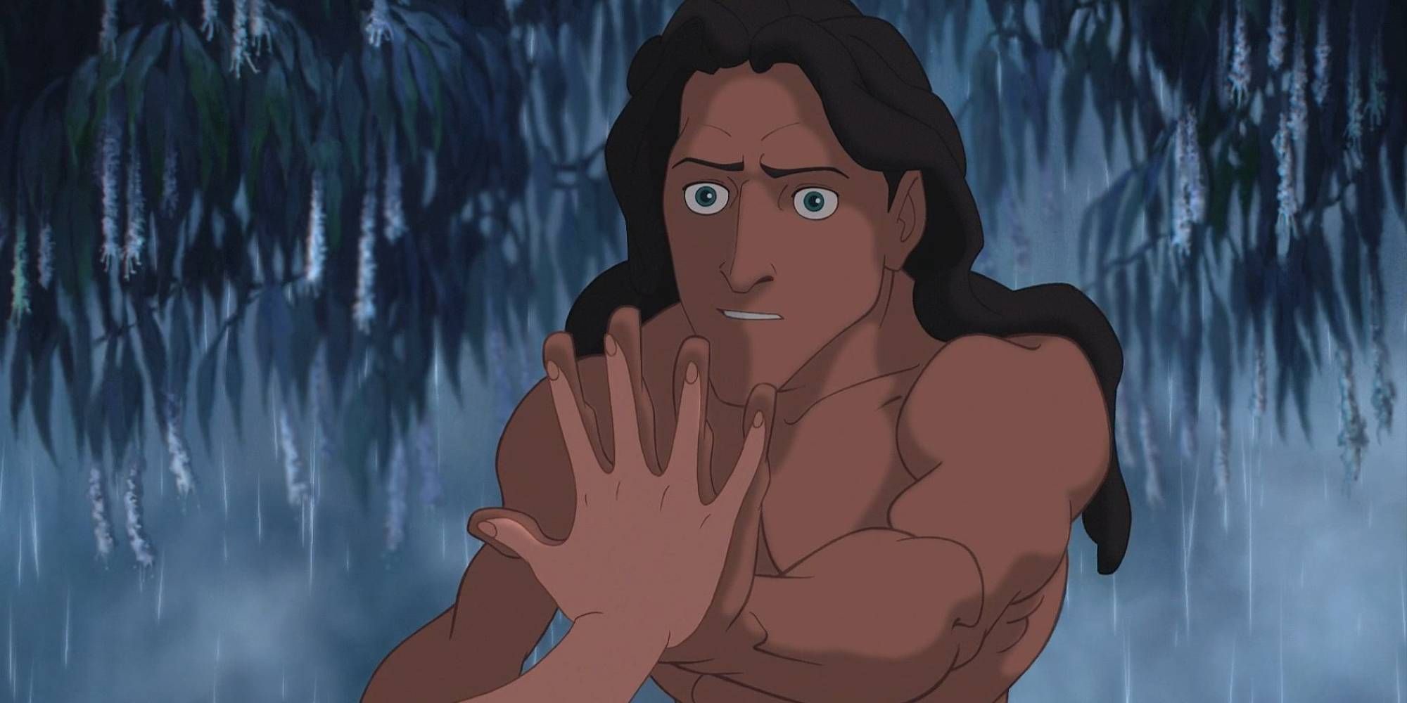 Tarzan in a jungle holding Jane's hand