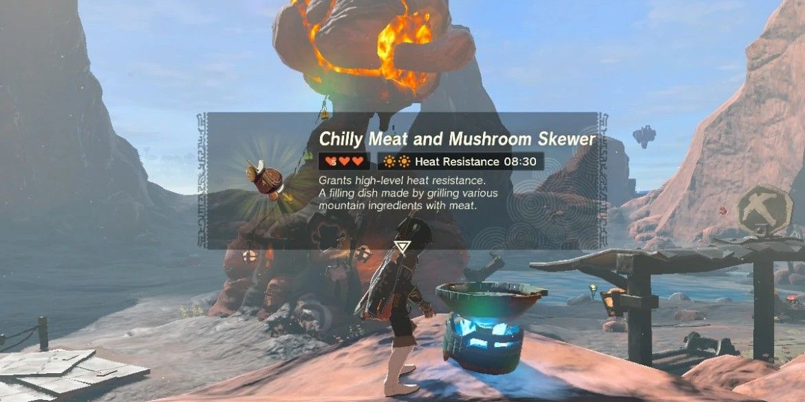 Link cooking a Chilly Meat and Mushroom Skewer