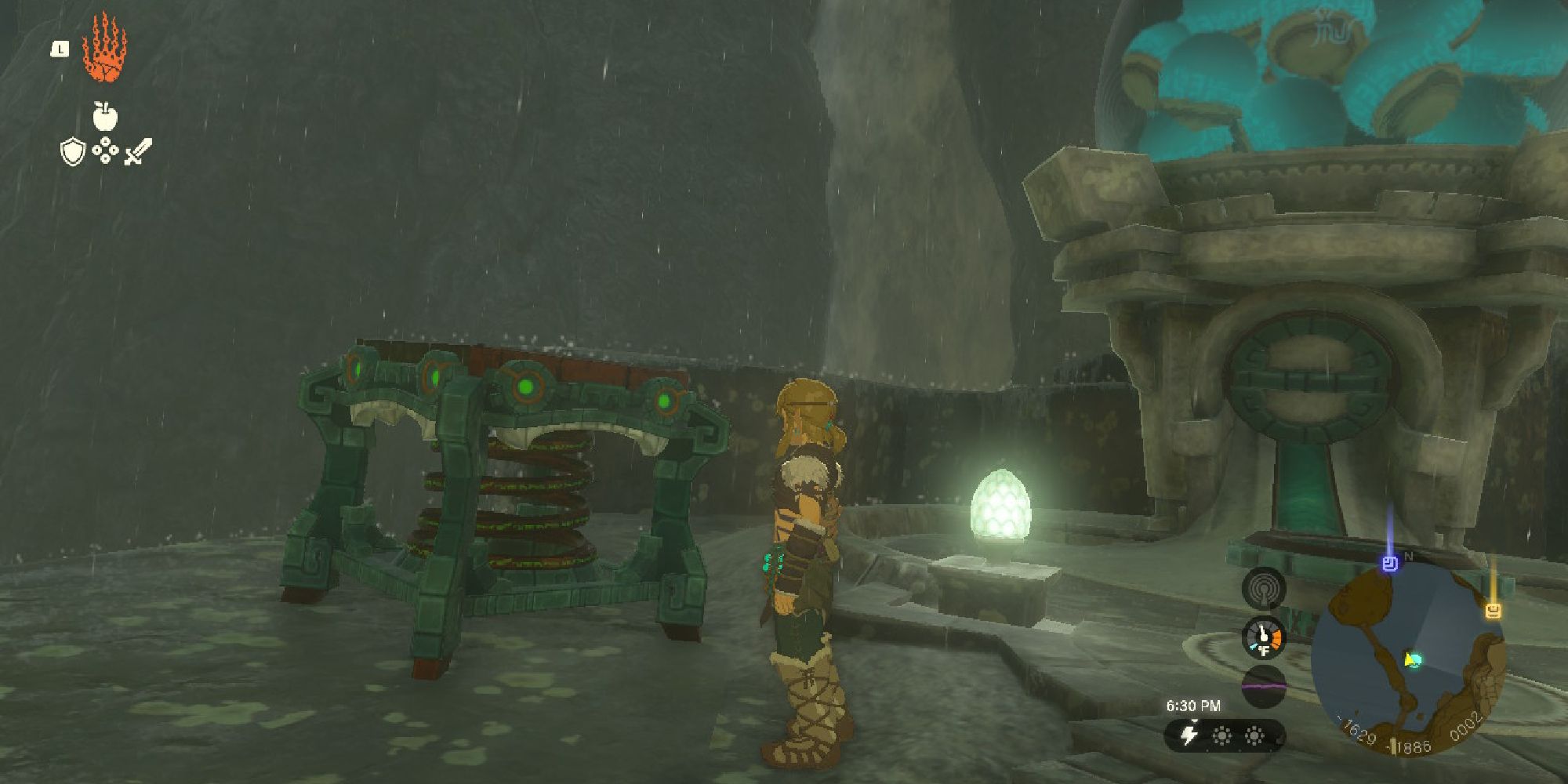 tears of the kingdom link standing next to a spring at a zonai device despenser