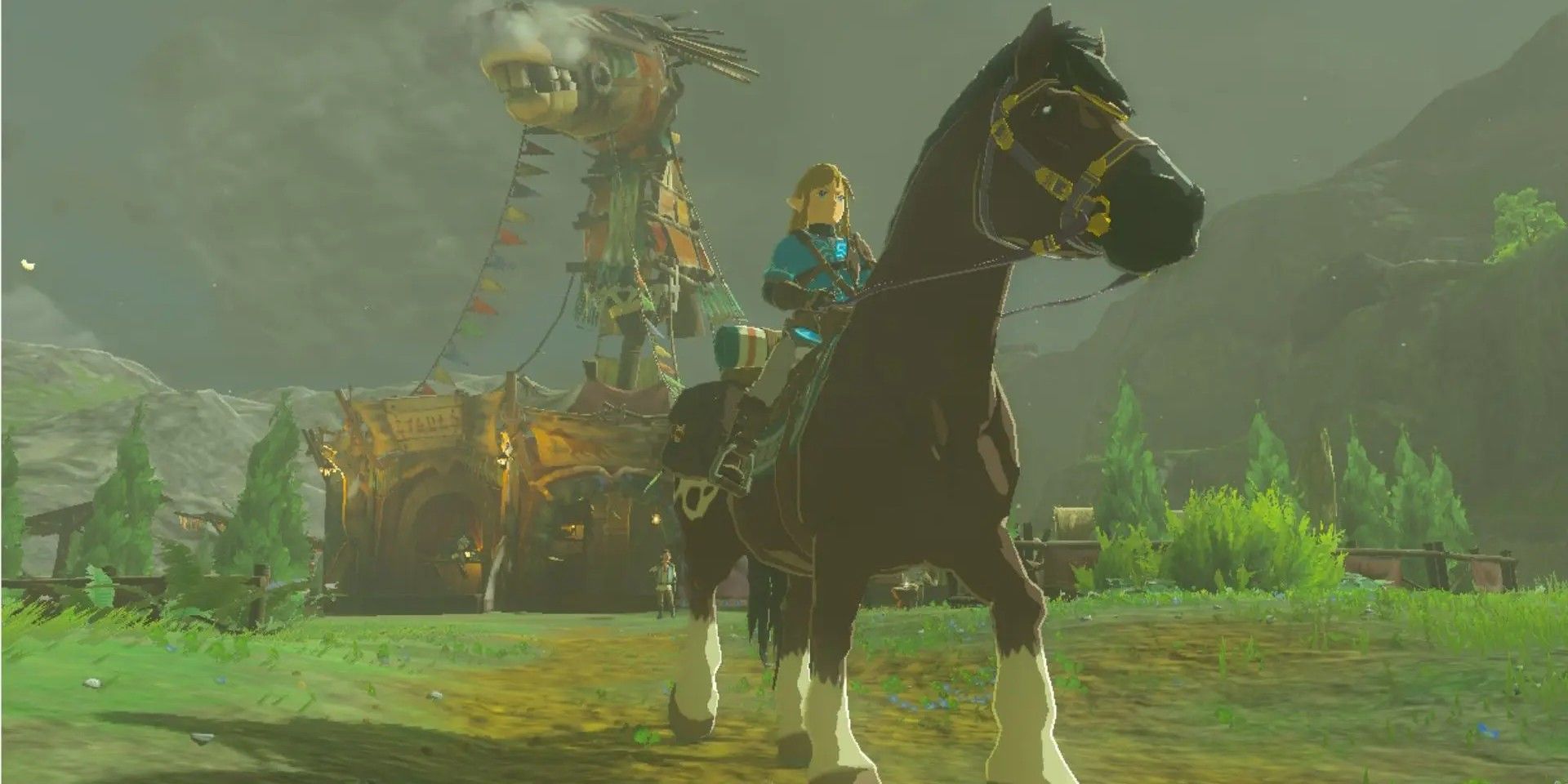 Link riding a horse with a stable in the background